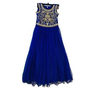 Girls Royal Blue Indian Dress Gown Gold Sequin Beads Anarkali Sz 28 41" Long
